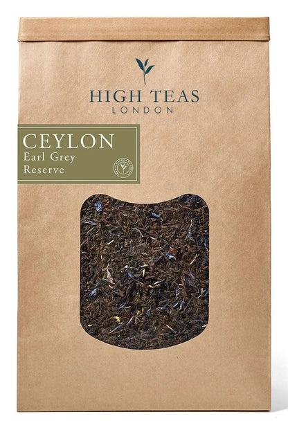 Loose leaf Earl Grey Reserve tea with cornflowers from High Teas, showing a beautifully blended tea with floral accents.