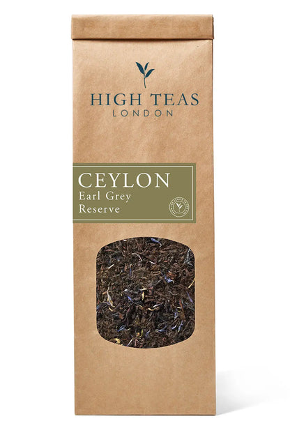Loose leaf Earl Grey Reserve tea with cornflowers from High Teas, showcasing fragrant tea leaves and colorful flower accents.