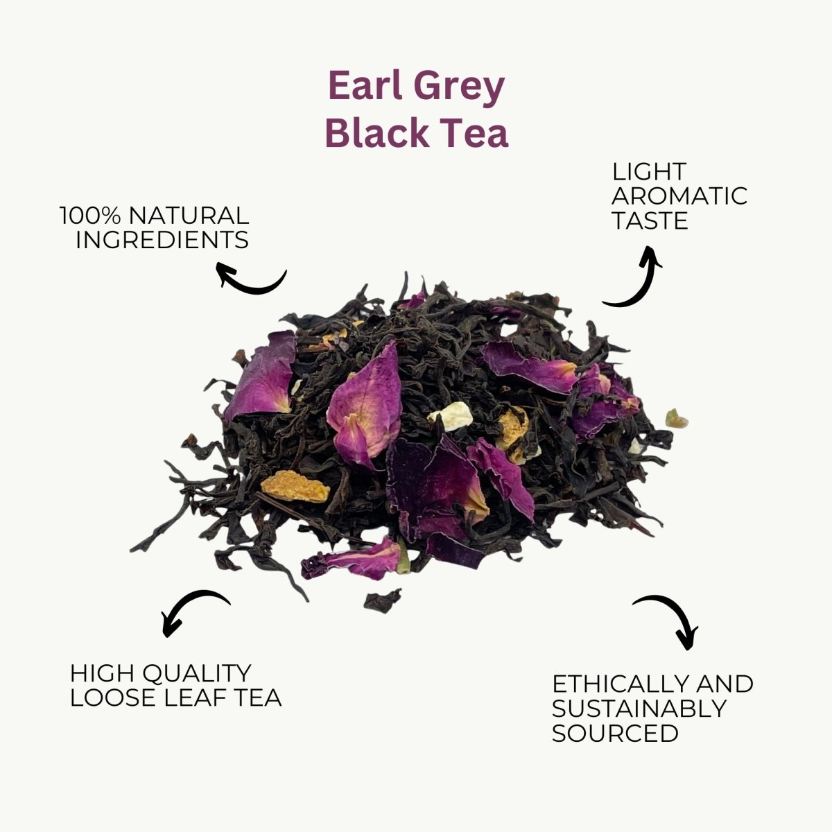 Camellios Premium loose leaf Earl Grey tea bundle with tea infusions and natural tea leaves in a clear container.