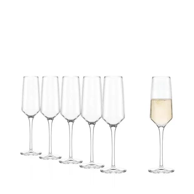 Set of six Stolzle Experience champagne flutes, 190ml, made of clear glass, arranged in a row on a white background.
