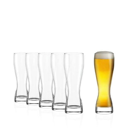 Set of six Stolzle 395ml beer tankard glasses from Glassware UK, clear glass with handles, designed for drinking beer.