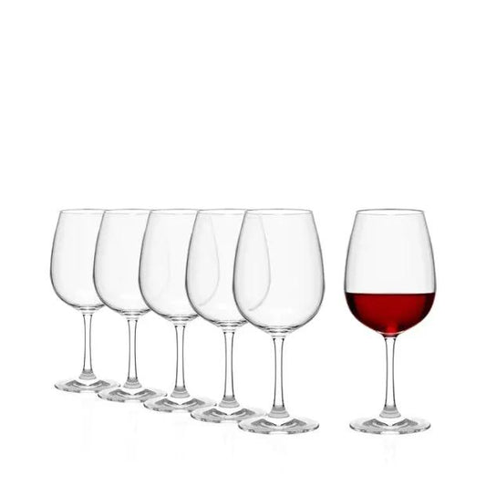 Six Stolzle Weinland red wine glasses with 540ml capacity, clear glassware set arranged on a wooden surface.