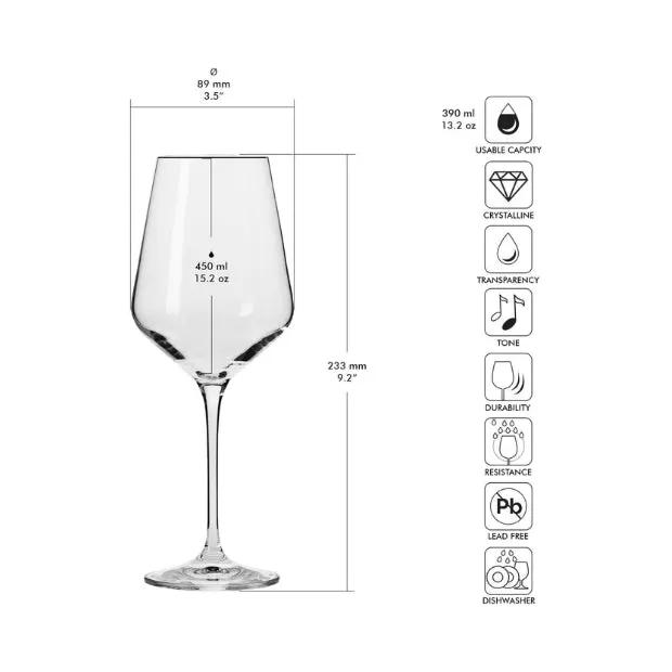Six Krosno Avant-Garde wine glasses, 390ml each, displayed on a table, showcasing elegant clear glassware for wine serving.