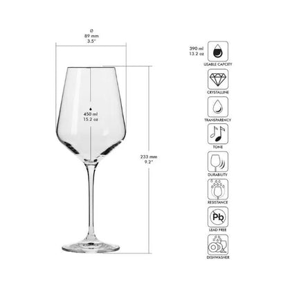 Six Krosno Avant-Garde wine glasses, 390ml each, displayed on a table, showcasing elegant clear glassware for wine serving.