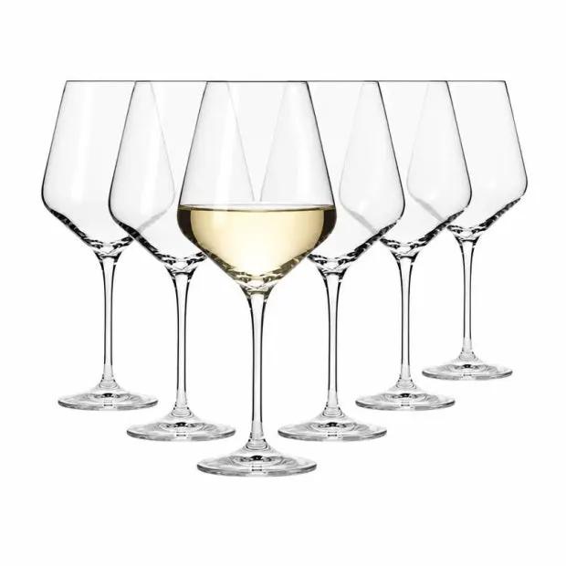 Set of six Krosno Avant-Garde wine glasses with 390ml capacity, clear glassware for elegant wine serving.
