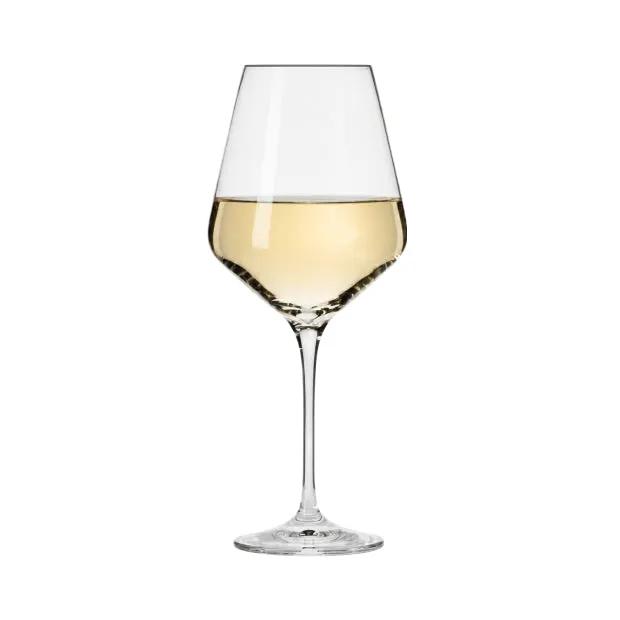 Set of six Krosno Avant-Garde wine glasses with 390ml capacity, clear glassware for elegant wine serving.