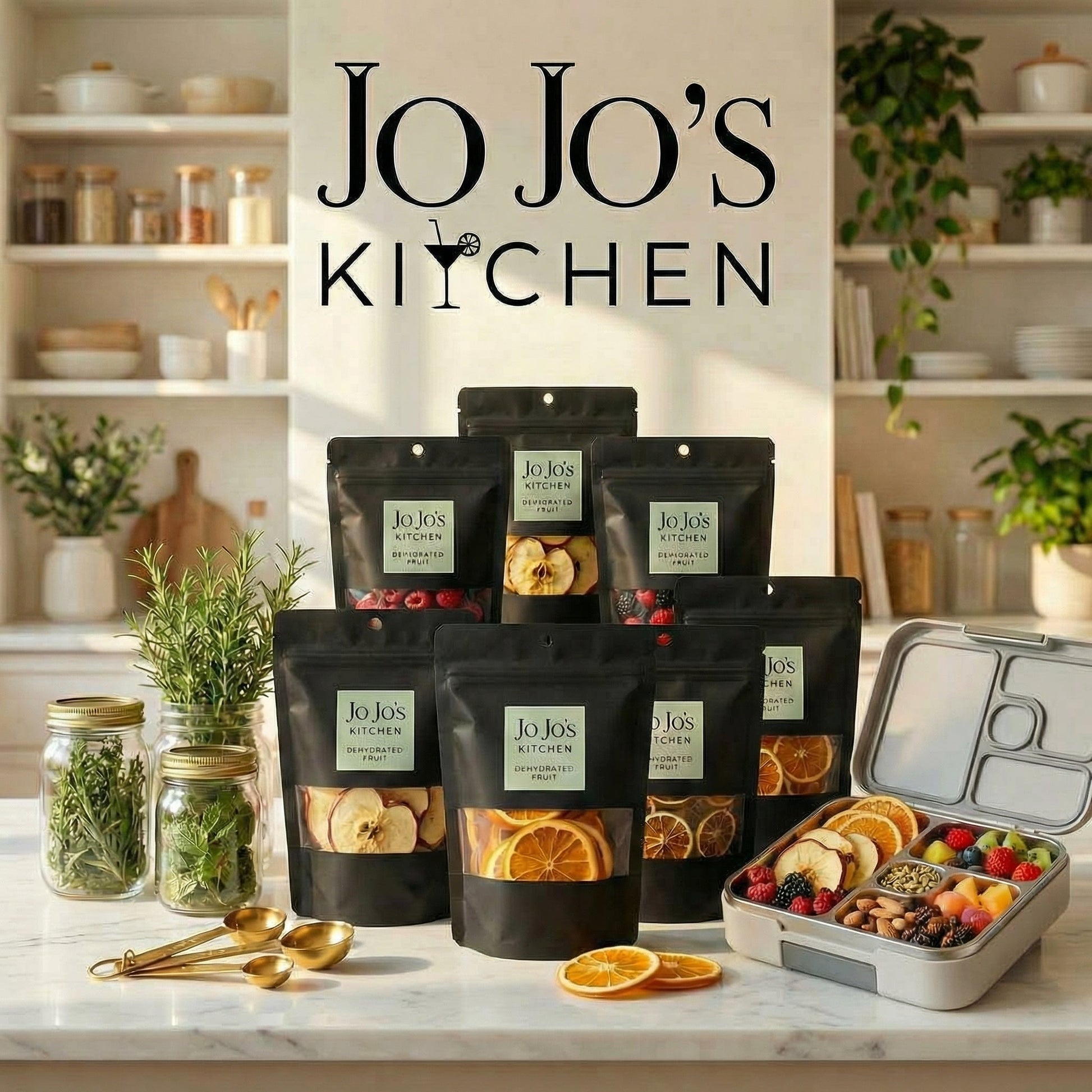 JoJo’s Kitchen Healthy Snack Discovery Box variety pack with colorful snack packages arranged on a kitchen counter.