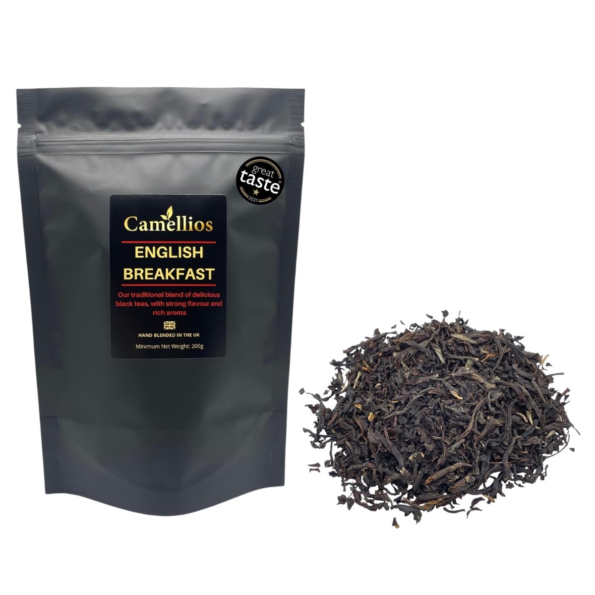 Loose leaf English Breakfast tea by Camellios in a 200g package, showing a close-up of the tea leaves in a clear jar.