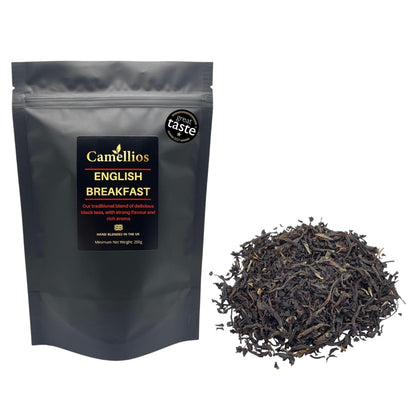 Loose leaf English Breakfast tea by Camellios in a 200g package, showing a close-up of the tea leaves in a clear jar.