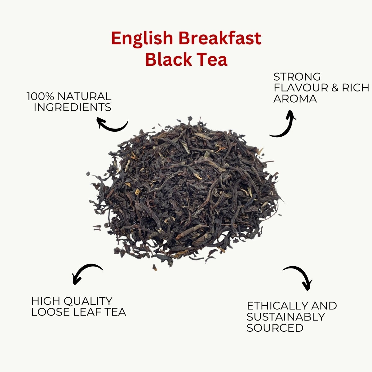 Loose leaf English Breakfast tea from Camellios, showing golden-brown tea leaves in a clear glass jar.