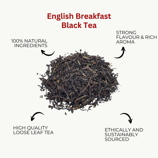 Camellios Loose Leaf Tea Set featuring English Breakfast tea leaves and infusions in a decorative tea box.