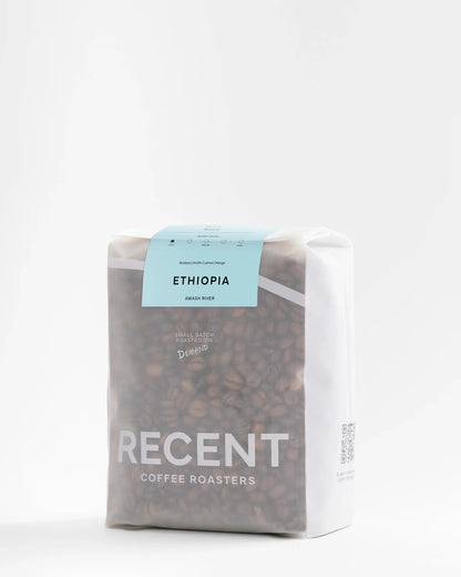 Ethiopian Awash River medium roast coffee beans by Recent Beans in a 500g package.