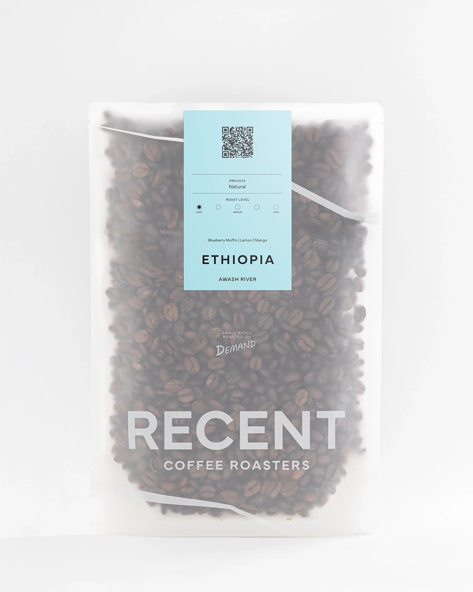 Ethiopian Awash River Medium Roast Coffee by Recent Beans, showcasing a bag of freshly roasted coffee beans.