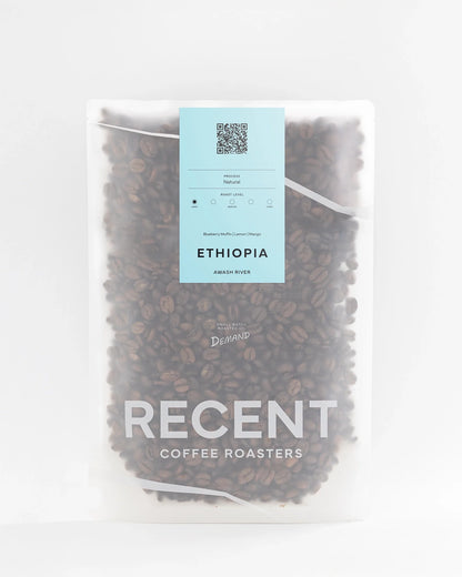 Ethiopian Awash River Medium Roast Coffee by Recent Beans, showcasing a bag of freshly roasted coffee beans.