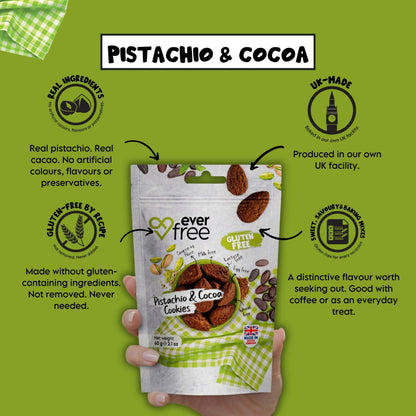 Gluten-free pistachio and cocoa cookie by EverFree, showing a crispy cookie with green pistachios and cocoa accents.