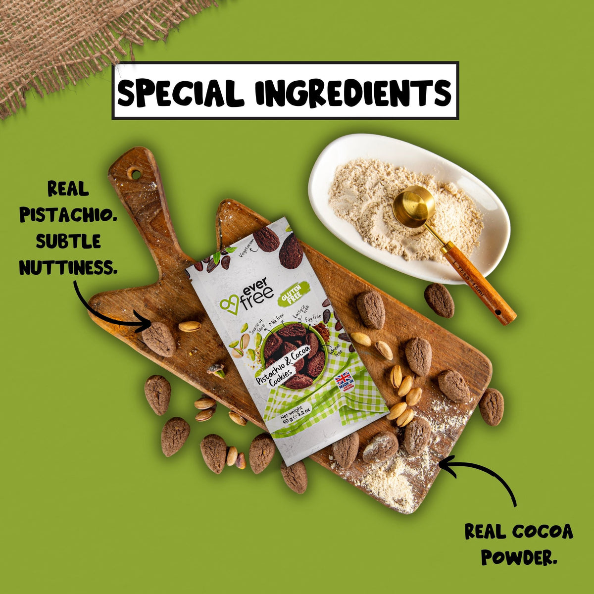 Gluten-free pistachio and cocoa cookie from EverFree, showing a crispy, nutty snack with chocolate accents on a white background.