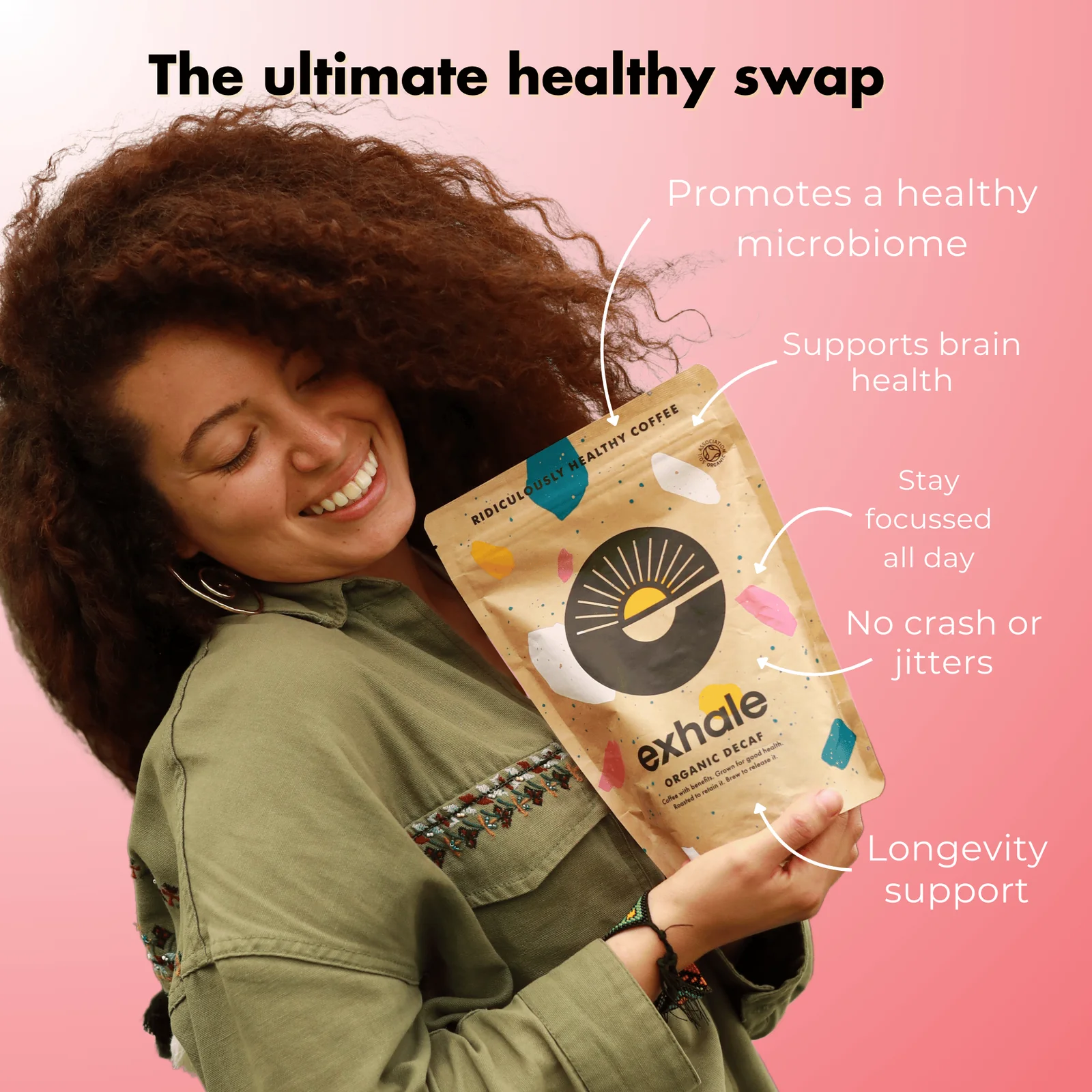 Organic dark roast coffee by Exhale Healthy Coffee, rich and aromatic coffee beans in a natural setting.
