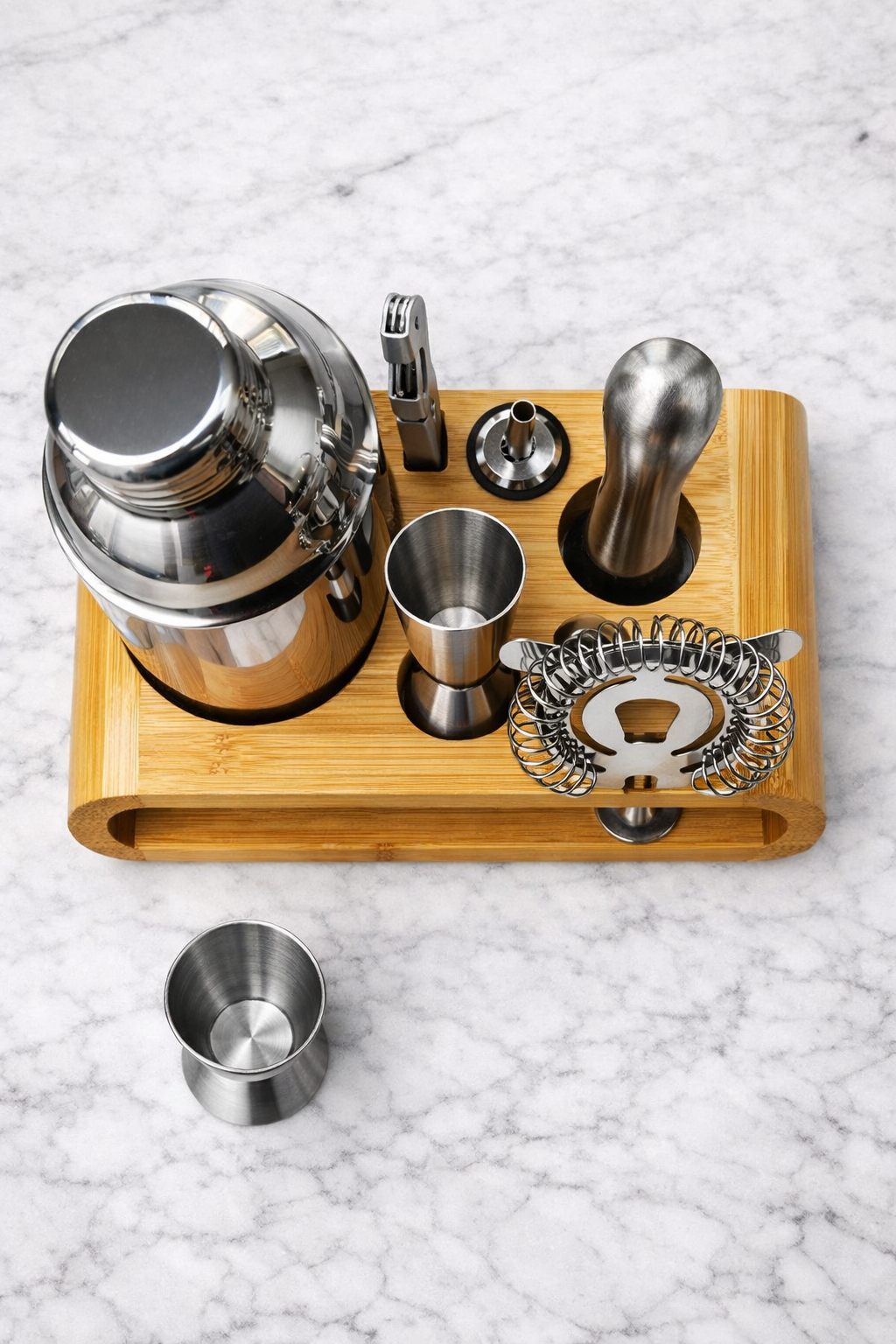 JoJo’s Kitchen cocktail making set with shaker, muddler, strainer, and measuring tools for home bartending.