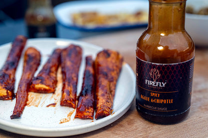 FireFly Barbecue hot agave nectar sauce drizzled over roasted parsnips, showcasing spicy agave flavor in a BBQ sauce.