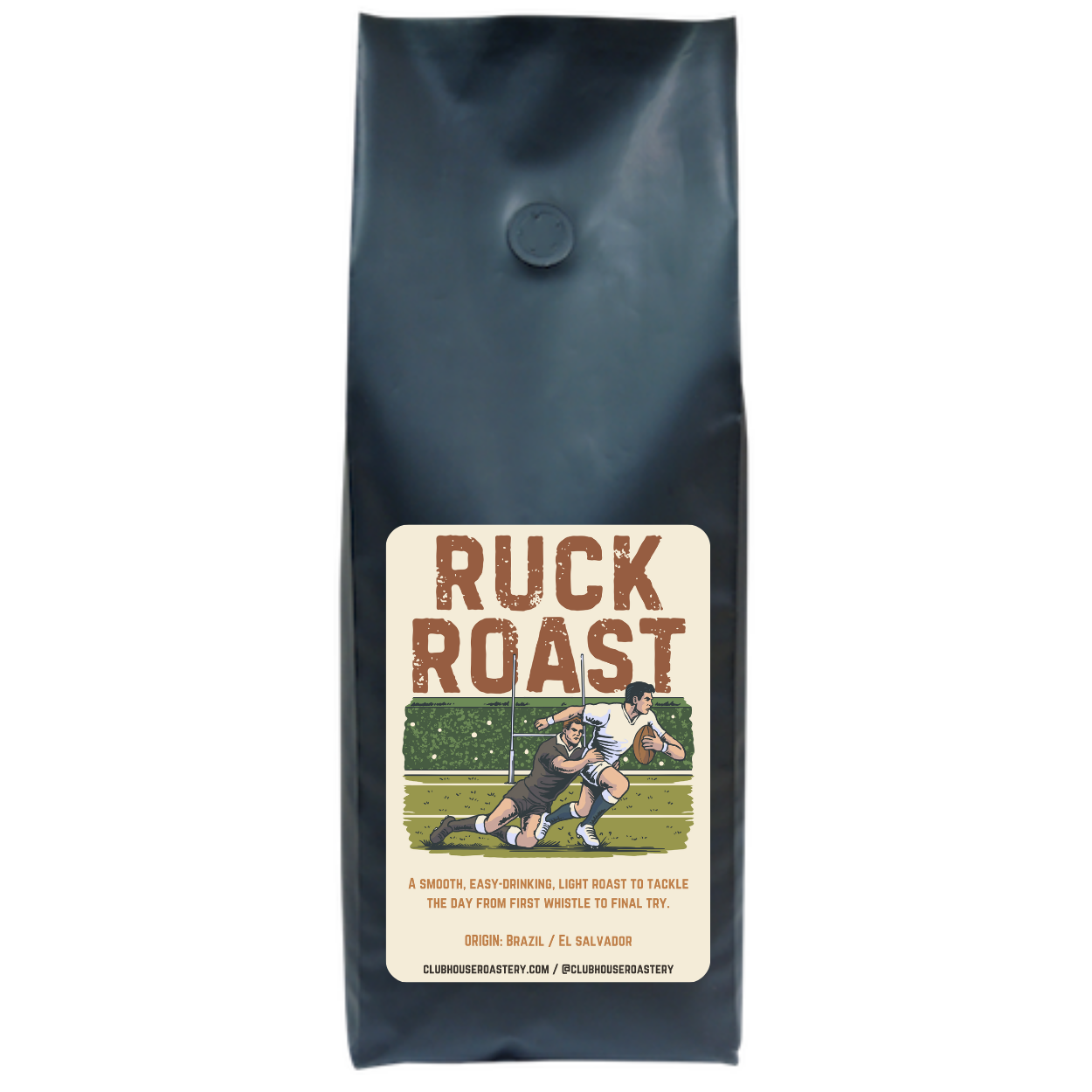 Bag of Clubhouse Roastery Ruck Roast coffee beans in a 500g package with a natural, earthy design and branding.
