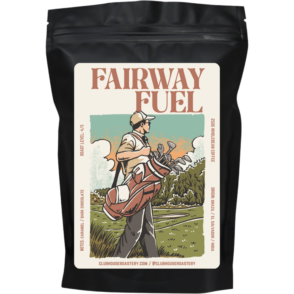 Bag of Fairway Fuel coffee from Clubhouse Roastery, featuring the coffee blend and branding on the packaging.