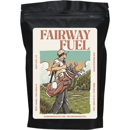Bag of Fairway Fuel coffee from Clubhouse Roastery, featuring the coffee blend and branding on the packaging.