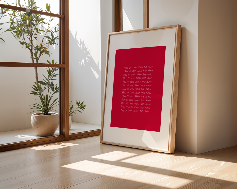 Romantic red music print featuring Charli XCX with "Fall In Love" text, vibrant design by Peak Prints.
