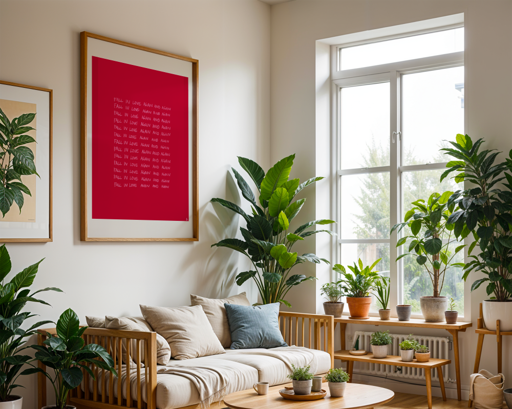 Romantic red Charli XCX music print titled "Fall In Love" by Peak Prints, featuring bold red and black design elements.