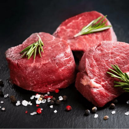 Prime Filet Mignon steak from Primrose Herd, showcasing a thick, tender beef steak with a rich, red appearance and marbling.