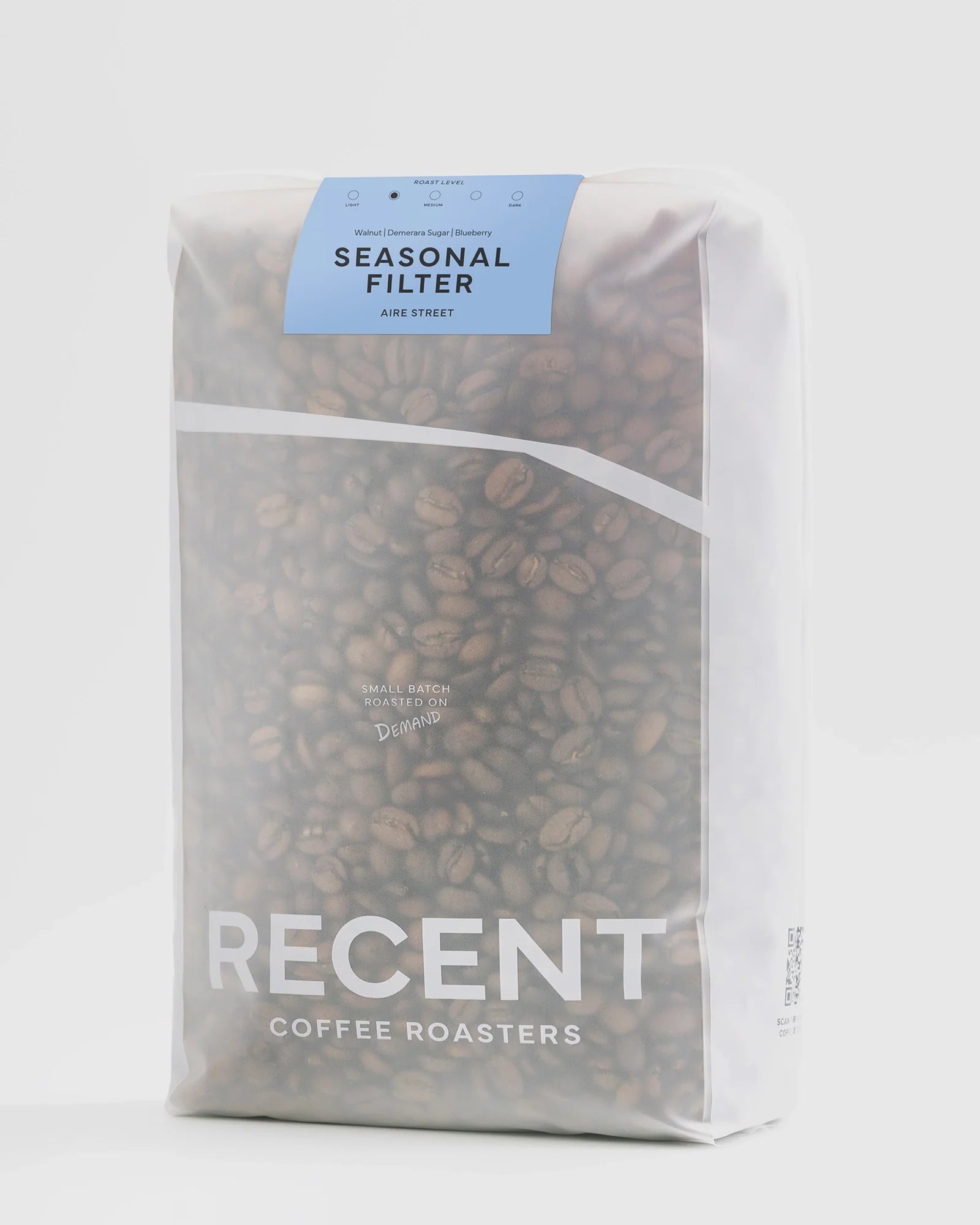 Recent Beans Aire Street Blend light to medium roast coffee in a 1kg filter bag, showcasing fresh, aromatic coffee beans.