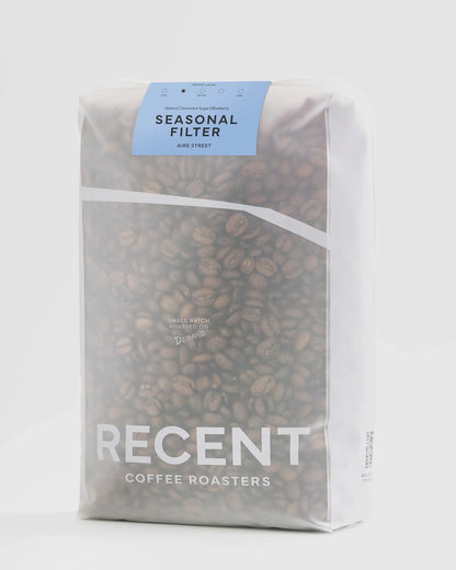 Recent Beans Aire Street Blend light to medium roast coffee in a 1kg filter bag, showcasing fresh, aromatic coffee beans.