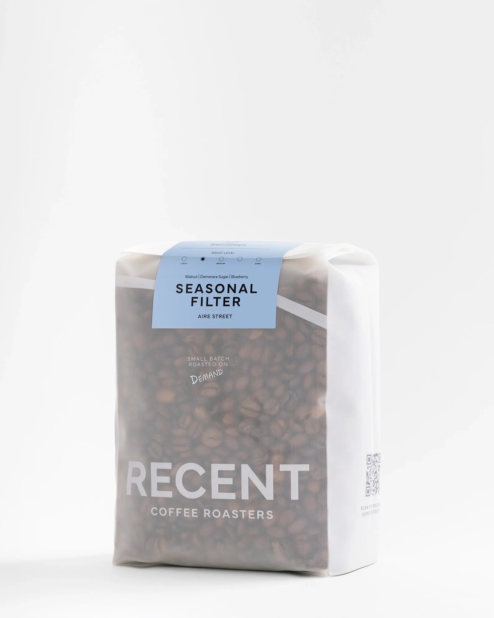 Recent Beans Aire Street Blend Light Medium Roast Coffee in 500g filter bag, showcasing the coffee beans and packaging.