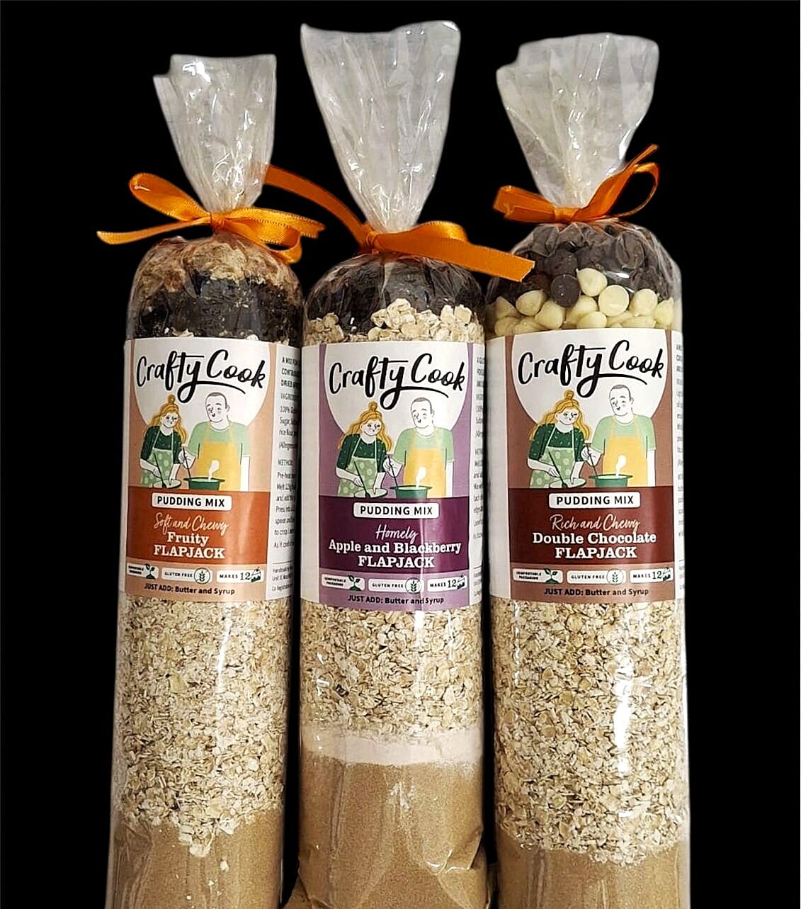 Assorted flapjack mixes from Crafty Cook, part of the Pudding Heaven all-in-one pudding and baking product collection.