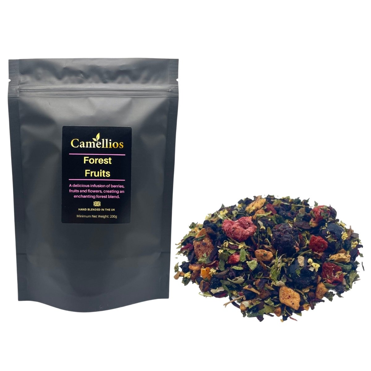 Loose leaf Forest Fruits tea from ArtisanBox, showing a colorful mix of dried berries and herbs for brewing tea.