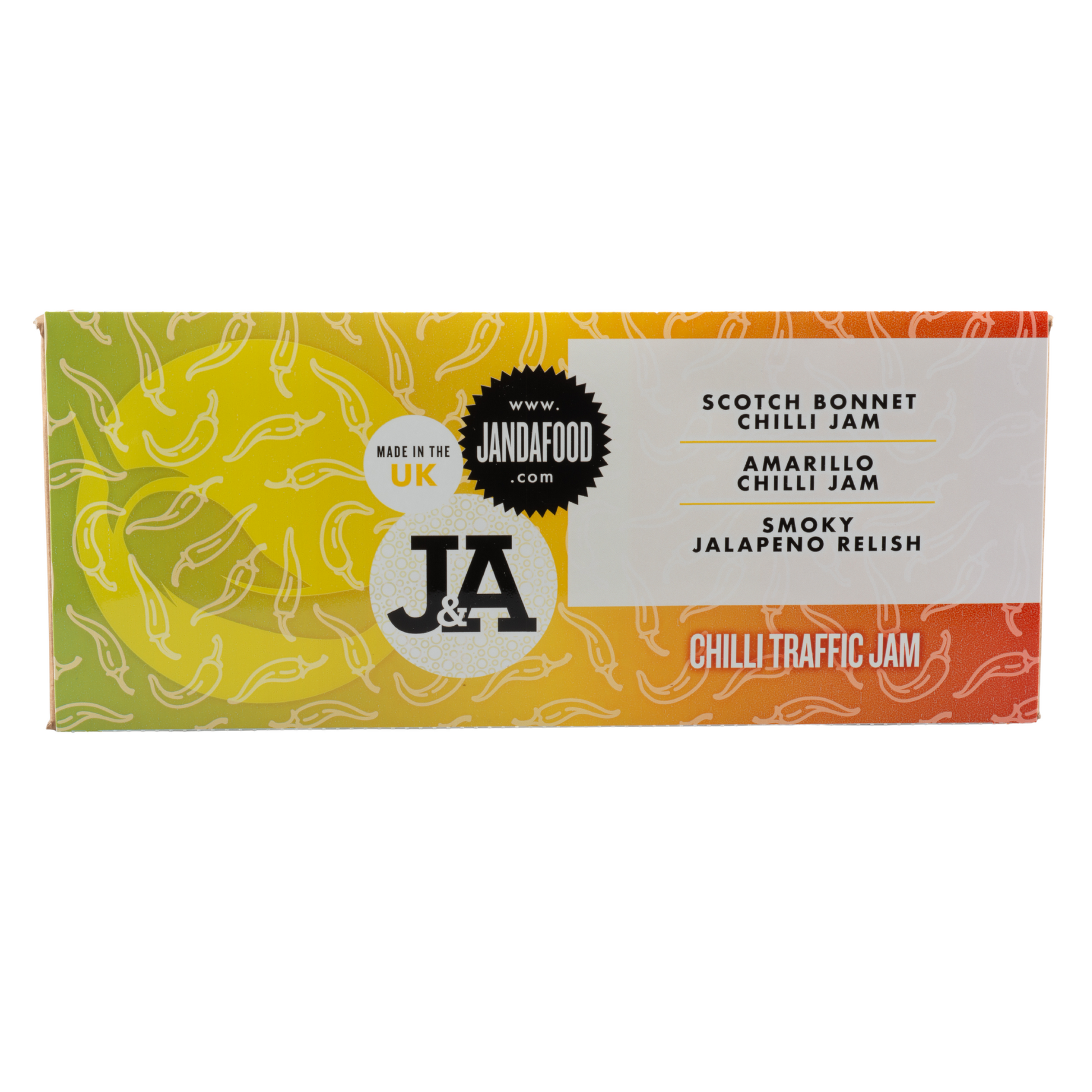 Gift Box of J&A chilli jams with colorful design and branding on a white background