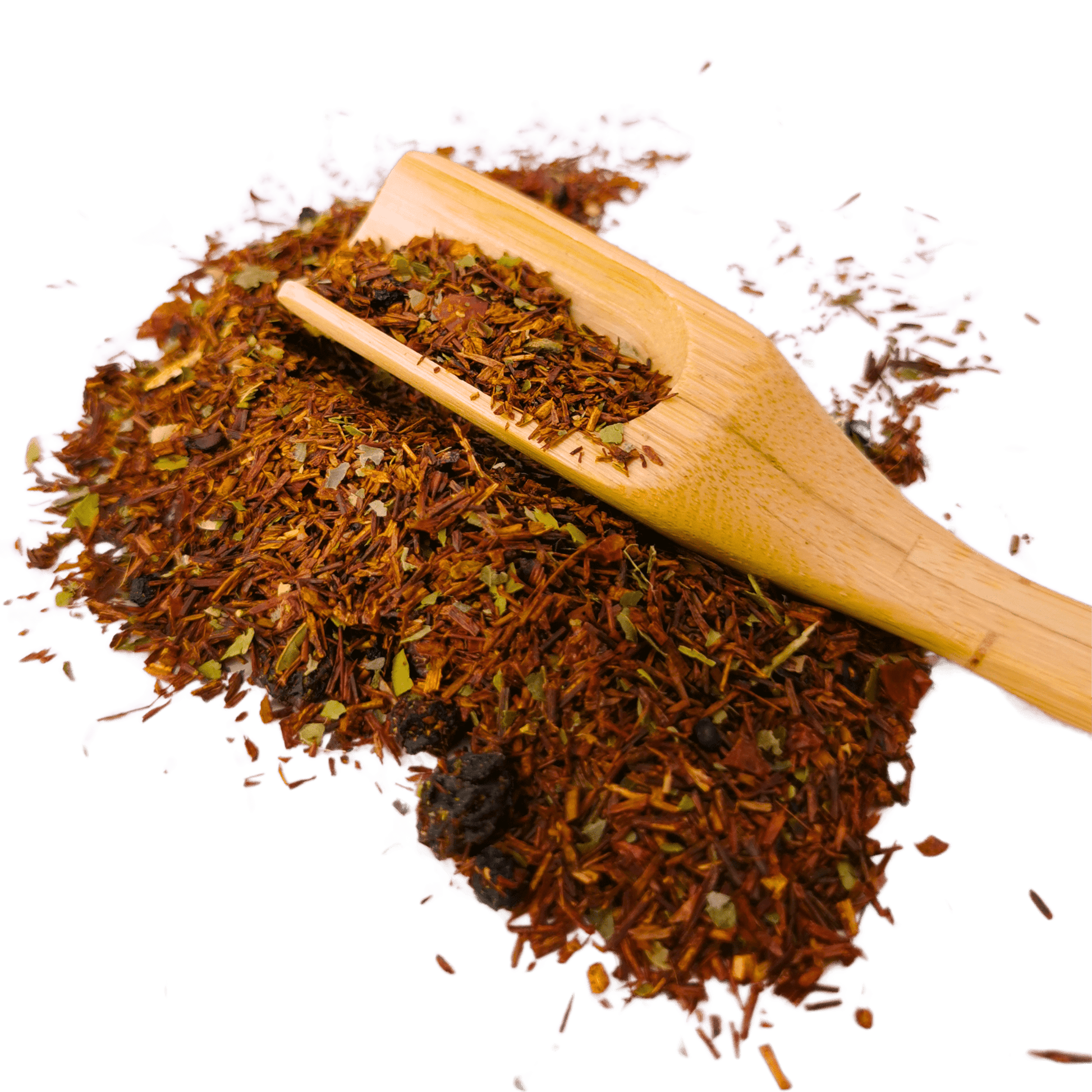 Porter Hill Tea Company Fruit Rooibos tea in a clear glass cup showing vibrant red and orange herbal tea with fruit pieces.