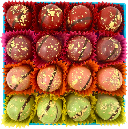 Gorvett & Stone Fruity Fondant Creams in a decorative chocolate gift box with colorful fruit-flavored fondants inside.