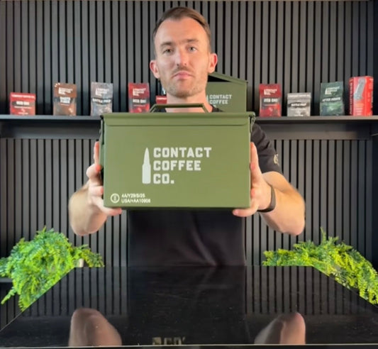 Contact Coffee Company Ltd. Coffee Ammo Box gear with sturdy metal construction and vintage military style for storage or display.