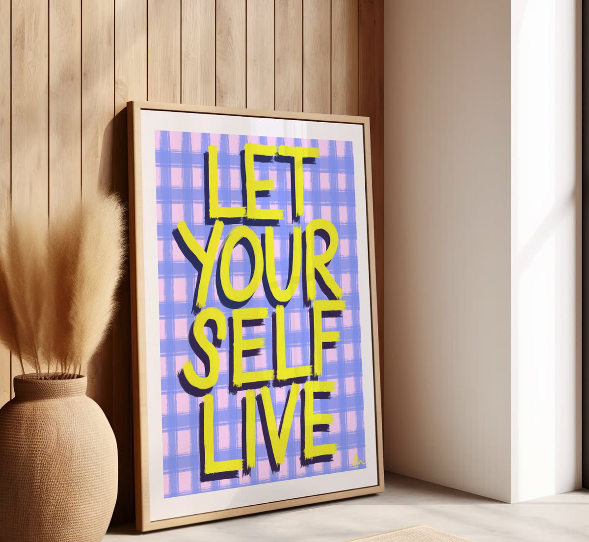 Vibrant maximalist slogan print poster from Peak Prints with bold, colorful typography and inspiring "Let Yourself Live" message.