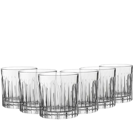 Set of six Glassware UK whisky tumblers, 310ml Forever Old Fashioned glasses with clear glass, classic design for whiskey serving.