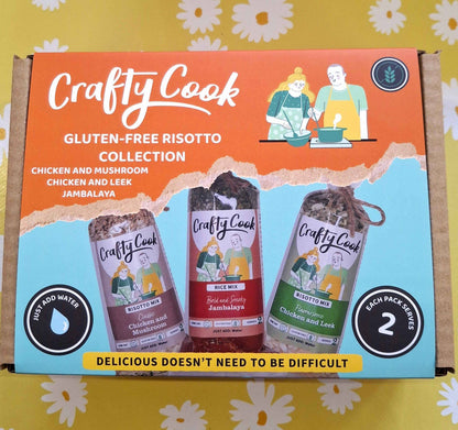 Crafty Cook gluten-free risotto collection box showing three varieties of 2-serving meals, packaged in a sleek box with branding.