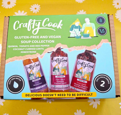 Assorted gluten-free and vegan soup collection by Crafty Cook, featuring three different 2-serving meals in clear containers.