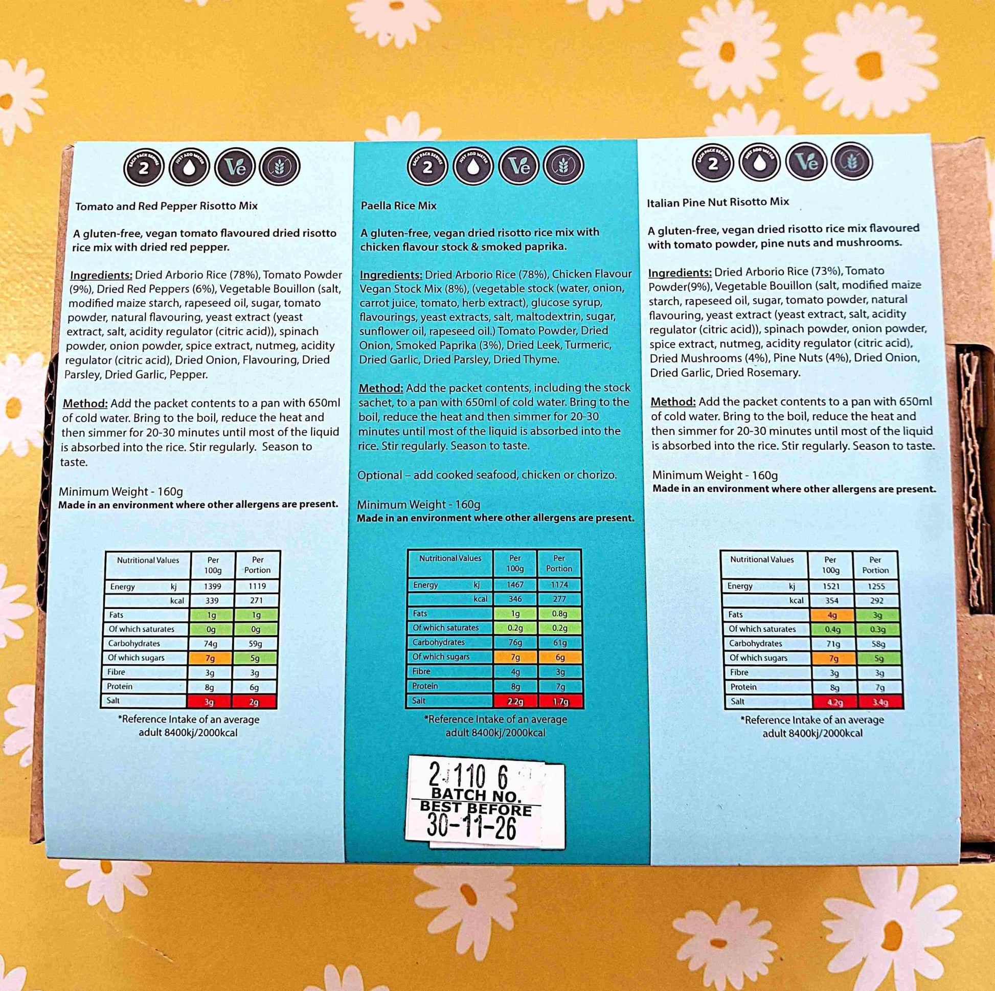 Gluten Free and Vegan Risotto Collection 3 packs, 6 meals, one box, just add water. Crafty Cook easy fuss free meals
