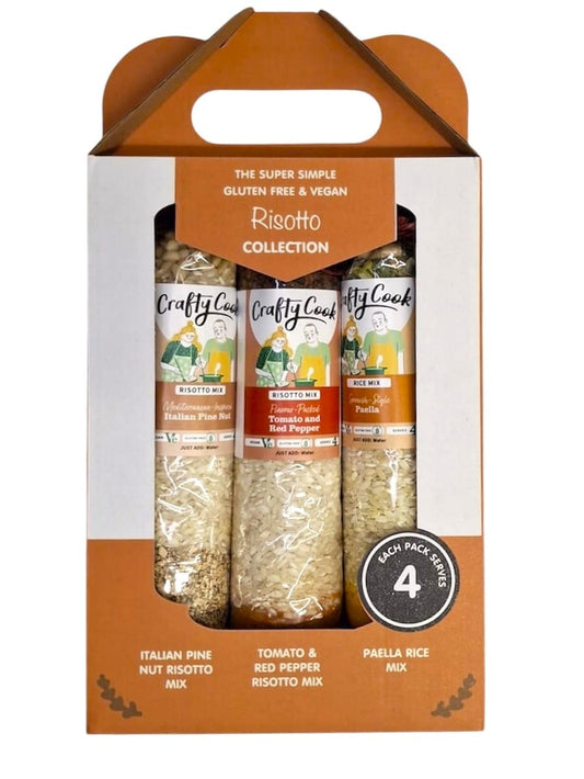 Crafty Cook GF/V Risotto Collection Box featuring a variety of gluten-free and vegan risotto mixes in colorful packaging.