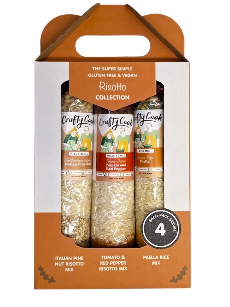 Crafty Cook Super Simple GF/V Risotto Collection Box with assorted gluten-free and vegan risotto options in a colorful box.