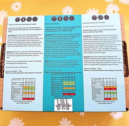 Back view of Crafty Cook gluten-free and vegan soup collection with three 2-serving meal containers, showcasing labels and packaging.