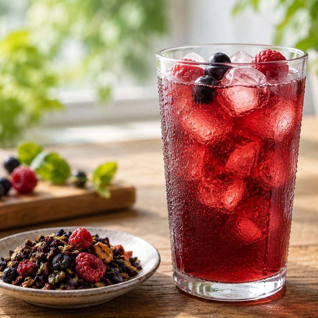 ArtisanBox Forest Fruits loose leaf tea in a clear glass jar with a colorful label, showing the dried berry and fruit ingredients.