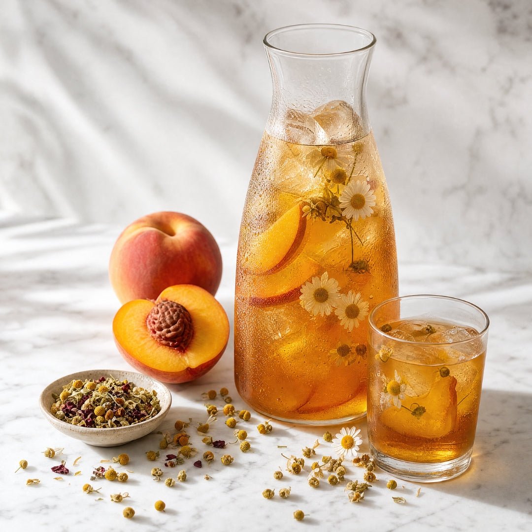 Loose leaf Peachy Chamomile tea from ArtisanBox with dried chamomile flowers and peach slices in a clear glass jar.