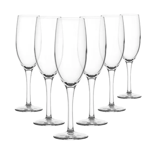 Set of six Moda Champagne Flutes by Glassware UK, 170ml, clear glass, slender stems, perfect for celebrating special occasions.