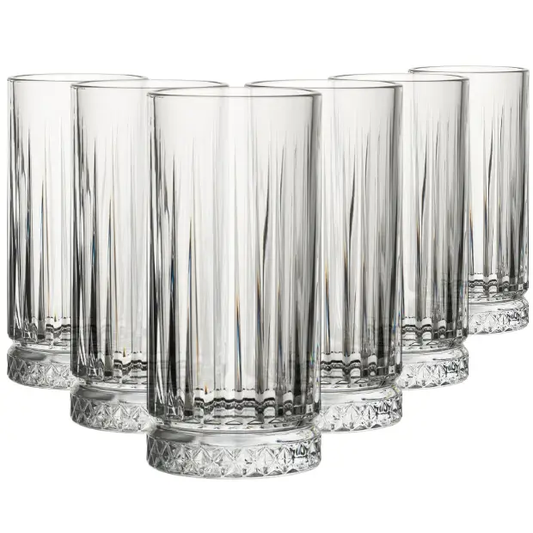Set of six Glassware UK Elysia long drink whisky tumblers, 280ml, clear glass with a smooth, rounded design for elegant drinking.